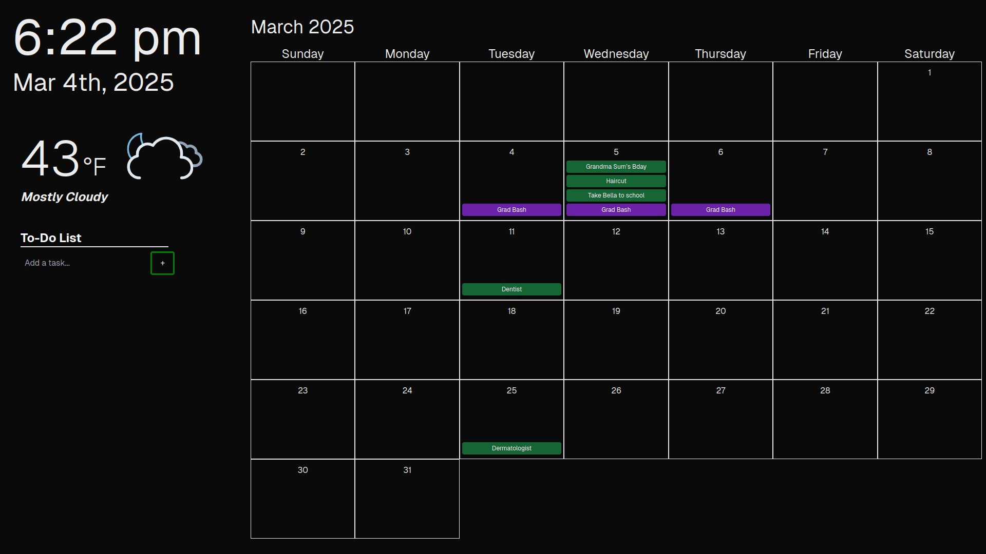 Home calendar dashboard